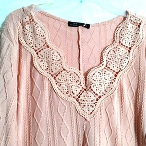 JFN Peach Designed Lace Neck Long Sleeve Sweater Midi Dress